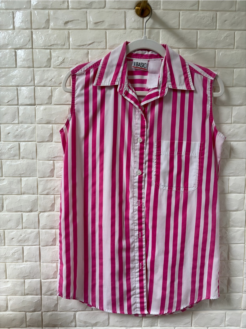 Vintage Pink & White Striped Sleeveless Button-Up Top